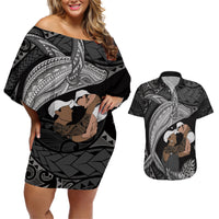 Father's Day Polynesian Pattern Couples Matching Off Shoulder Short Dress and Hawaiian Shirt Tropical Humpback Whale - Black