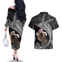 Father's Day Polynesian Pattern Couples Matching Off The Shoulder Long Sleeve Dress and Hawaiian Shirt Tropical Humpback Whale - Black