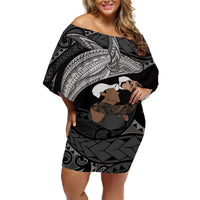 Father's Day Polynesian Pattern Off Shoulder Short Dress Tropical Humpback Whale - Black LT7 Women Black - Polynesian Pride