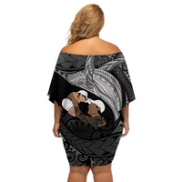 Father's Day Polynesian Pattern Off Shoulder Short Dress Tropical Humpback Whale - Black LT7 - Polynesian Pride