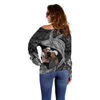 Father's Day Polynesian Pattern Off Shoulder Sweater Tropical Humpback Whale - Black