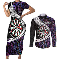 Personalized NZ Darts Couples Matching Short Sleeve Bodycon Dress and Long Sleeve Button Shirt Paua Shell Maori Koru Whakairo - Purple LT7 Purple - Polynesian Pride
