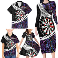Personalized NZ Darts Family Matching Long Sleeve Bodycon Dress and Hawaiian Shirt Paua Shell Maori Koru Whakairo - Purple LT7 - Polynesian Pride