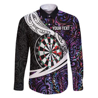 Personalized NZ Darts Family Matching Off The Shoulder Long Sleeve Dress and Hawaiian Shirt Paua Shell Maori Koru Whakairo - Purple LT7 Dad's Shirt - Long Sleeve Purple - Polynesian Pride