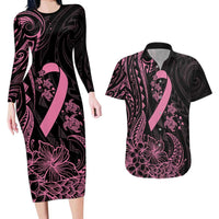 Polynesian Pink Power Couples Matching Long Sleeve Bodycon Dress and Hawaiian Shirt Breast Cancer Ribbon Turtle and Flowers LT7 Pink - Polynesian Pride