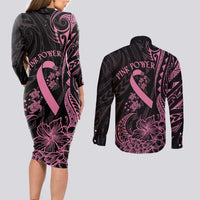 Polynesian Pink Power Couples Matching Long Sleeve Bodycon Dress and Long Sleeve Button Shirt Breast Cancer Ribbon Turtle and Flowers LT7 - Polynesian Pride