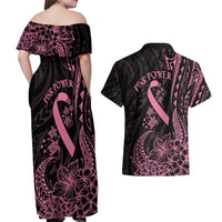 Polynesian Pink Power Couples Matching Off Shoulder Maxi Dress and Hawaiian Shirt Breast Cancer Ribbon Turtle and Flowers LT7 - Polynesian Pride