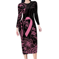 Polynesian Pink Power Family Matching Long Sleeve Bodycon Dress and Hawaiian Shirt Breast Cancer Ribbon Turtle and Flowers LT7 Mom's Dress Pink - Polynesian Pride