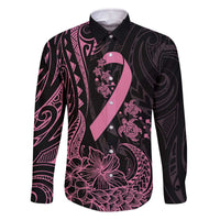 Polynesian Pink Power Family Matching Off The Shoulder Long Sleeve Dress and Hawaiian Shirt Breast Cancer Ribbon Turtle and Flowers LT7 Dad's Shirt - Long Sleeve Pink - Polynesian Pride