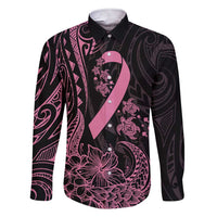 Polynesian Pink Power Family Matching Short Sleeve Bodycon Dress and Hawaiian Shirt Breast Cancer Ribbon Turtle and Flowers LT7 Dad's Shirt - Long Sleeve Pink - Polynesian Pride