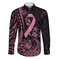 Polynesian Pink Power Family Matching Summer Maxi Dress and Hawaiian Shirt Breast Cancer Ribbon Turtle and Flowers LT7 Dad's Shirt - Long Sleeve Pink - Polynesian Pride