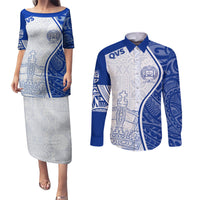 Personalised Queen Victoria School Couples Matching Puletasi Dress and Long Sleeve Button Shirts QVS Old Boys LT7 White - Polynesian Pride