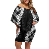 Hawaii Aloha Plumeria Lei Black Palaka Off Shoulder Short Dress - Polynesian Pride