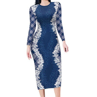 Hawaii Aloha Plumeria Lei Navy Palaka Family Matching Long Sleeve Bodycon Dress and Hawaiian Shirt LT7 Mom's Dress Navy Blue - Polynesian Pride
