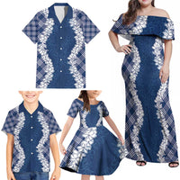 Hawaii Aloha Plumeria Lei Navy Palaka Family Matching Off Shoulder Maxi Dress and Hawaiian Shirt LT7 - Polynesian Pride