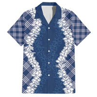 Hawaii Aloha Plumeria Lei Navy Palaka Family Matching Off Shoulder Maxi Dress and Hawaiian Shirt LT7 Dad's Shirt - Short Sleeve Navy Blue - Polynesian Pride