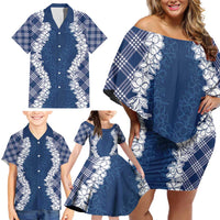 Hawaii Aloha Plumeria Lei Navy Palaka Family Matching Off Shoulder Short Dress and Hawaiian Shirt LT7 - Polynesian Pride