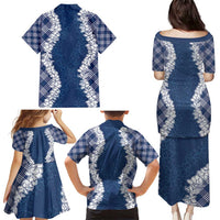 Hawaii Aloha Plumeria Lei Navy Palaka Family Matching Puletasi and Hawaiian Shirt - Polynesian Pride