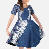 Hawaii Aloha Plumeria Lei Navy Palaka Family Matching Short Sleeve Bodycon Dress and Hawaiian Shirt LT7 Daughter's Dress Navy Blue - Polynesian Pride