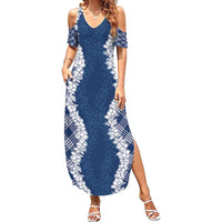 Hawaii Aloha Plumeria Lei Navy Palaka Family Matching Summer Maxi Dress and Hawaiian Shirt LT7 Mom's Dress Navy Blue - Polynesian Pride