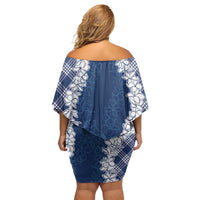 Hawaii Aloha Plumeria Lei Navy Palaka Off Shoulder Short Dress - Polynesian Pride