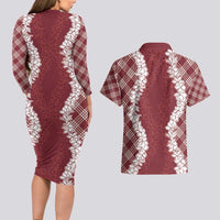 Hawaii Aloha Plumeria Lei Scarlet Palaka Couples Matching Long Sleeve Bodycon Dress and Hawaiian Shirt LT7 - Polynesian Pride