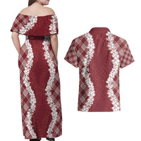 Hawaii Aloha Plumeria Lei Scarlet Palaka Couples Matching Off Shoulder Maxi Dress and Hawaiian Shirt - Polynesian Pride