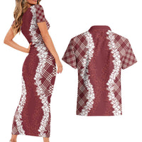 Hawaii Aloha Plumeria Lei Scarlet Palaka Couples Matching Short Sleeve Bodycon Dress and Hawaiian Shirt LT7 - Polynesian Pride