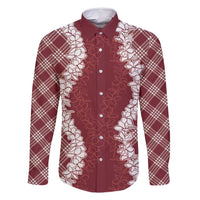 Hawaii Aloha Plumeria Lei Scarlet Palaka Family Matching Off Shoulder Short Dress and Hawaiian Shirt LT7 Dad's Shirt - Long Sleeve Scarlet - Polynesian Pride