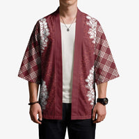 Hawaii Aloha Plumeria Lei Scarlet Palaka Kimono - Polynesian Pride