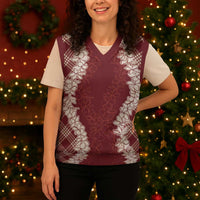 Hawaii Aloha Plumeria Lei Scarlet Palaka Christmas Knitted V-Neck Vest - Polynesian Pride