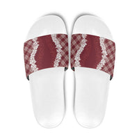Hawaii Aloha Plumeria Lei Scarlet Palaka Slide Sandals - Polynesian Pride
