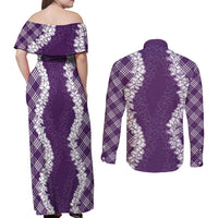 Hawaii Aloha Plumeria Lei Violet Palaka Couples Matching Off Shoulder Maxi Dress and Long Sleeve Button Shirt LT7 - Polynesian Pride