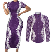 Hawaii Aloha Plumeria Lei Violet Palaka Couples Matching Short Sleeve Bodycon Dress and Long Sleeve Button Shirt - Polynesian Pride