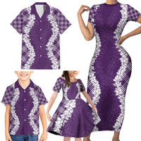 Hawaii Aloha Plumeria Lei Violet Palaka Family Matching Short Sleeve Bodycon Dress and Hawaiian Shirt LT7 - Polynesian Pride