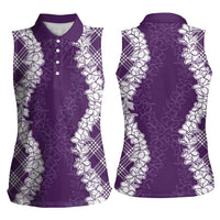Hawaii Aloha Plumeria Lei Violet Palaka Women Sleeveless Polo Shirt - Polynesian Pride