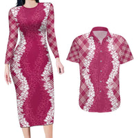 Hawaii Aloha Plumeria Lei Fuschia Palaka Couples Matching Long Sleeve Bodycon Dress and Hawaiian Shirt LT7 Fuschia - Polynesian Pride