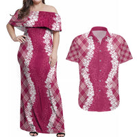 Hawaii Aloha Plumeria Lei Fuschia Palaka Couples Matching Off Shoulder Maxi Dress and Hawaiian Shirt LT7 Fuschia - Polynesian Pride