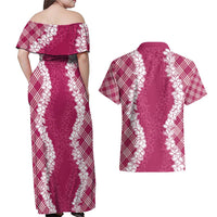 Hawaii Aloha Plumeria Lei Fuschia Palaka Couples Matching Off Shoulder Maxi Dress and Hawaiian Shirt LT7 - Polynesian Pride