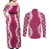 Hawaii Aloha Plumeria Lei Fuschia Palaka Couples Matching Off Shoulder Maxi Dress and Long Sleeve Button Shirt - Polynesian Pride