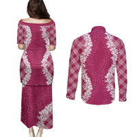 Hawaii Aloha Plumeria Lei Fuschia Palaka Couples Matching Puletasi and Long Sleeve Button Shirt - Polynesian Pride