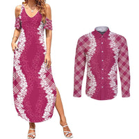 Hawaii Aloha Plumeria Lei Fuschia Palaka Couples Matching Summer Maxi Dress and Long Sleeve Button Shirt LT7 Fuschia - Polynesian Pride