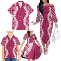 Hawaii Aloha Plumeria Lei Fuschia Palaka Family Matching Off The Shoulder Long Sleeve Dress and Hawaiian Shirt LT7 - Polynesian Pride