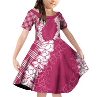 Hawaii Aloha Plumeria Lei Fuschia Palaka Family Matching Off Shoulder Short Dress and Hawaiian Shirt LT7 Daughter's Dress Fuschia - Polynesian Pride