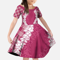 Hawaii Aloha Plumeria Lei Fuschia Palaka Family Matching Puletasi and Hawaiian Shirt LT7 Daughter's Dress Fuschia - Polynesian Pride