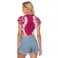 Hawaii Aloha Plumeria Lei Fuschia Palaka Raglan Cropped T Shirt - Polynesian Pride