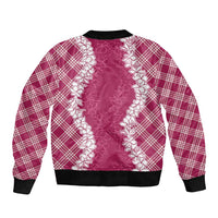 Hawaii Aloha Plumeria Lei Fuschia Palaka Sleeve Zip Bomber Jacket - Polynesian Pride