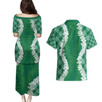 Hawaii Aloha Plumeria Lei Green Palaka Couples Matching Puletasi and Hawaiian Shirt - Polynesian Pride
