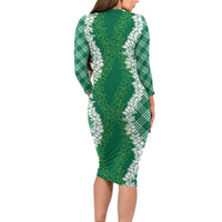 Hawaii Aloha Plumeria Lei Green Palaka Family Matching Long Sleeve Bodycon Dress and Hawaiian Shirt LT7 - Polynesian Pride