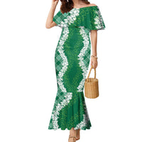 Hawaii Aloha Plumeria Lei Green Palaka Family Matching Mermaid Dress and Hawaiian Shirt LT7 Mom's Dress Green - Polynesian Pride